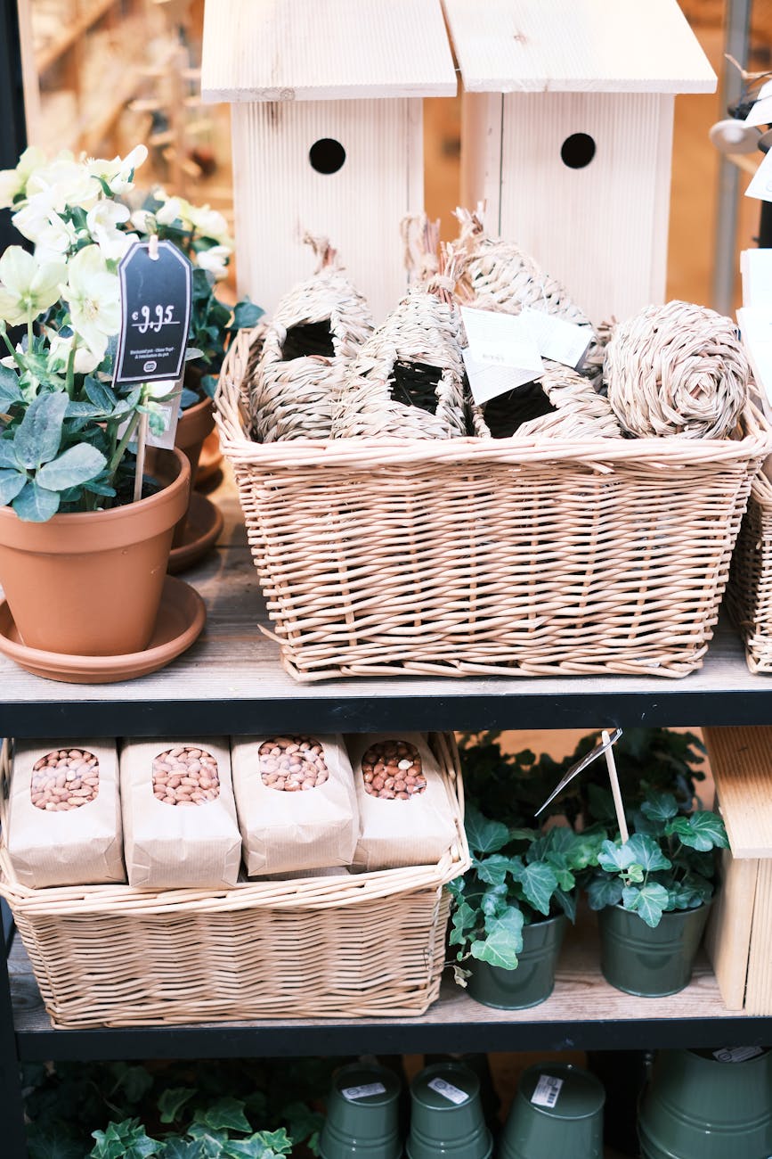 charming garden supplies with birdhouses and baskets