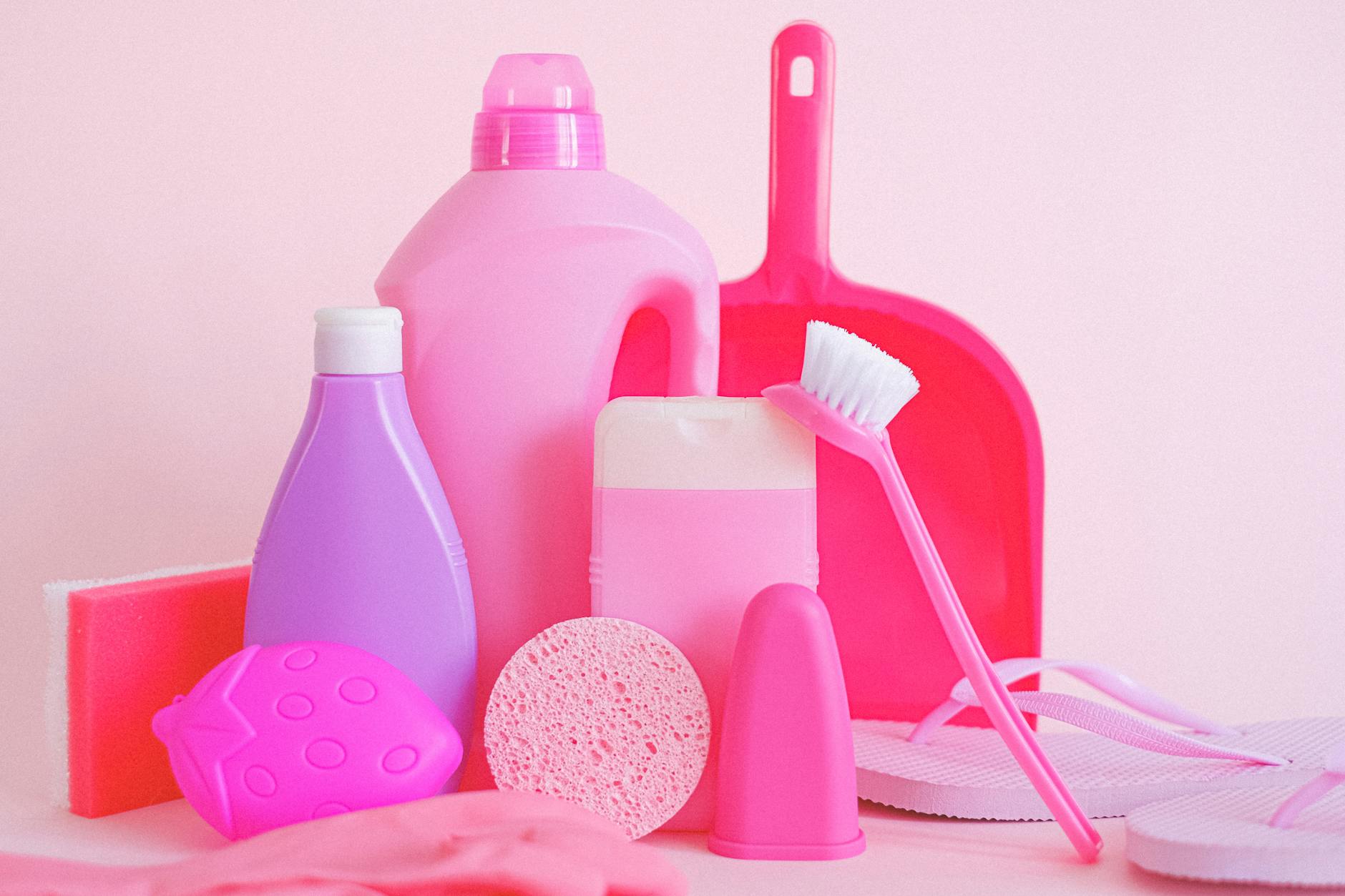 collection of plastic bottles for cleaning products