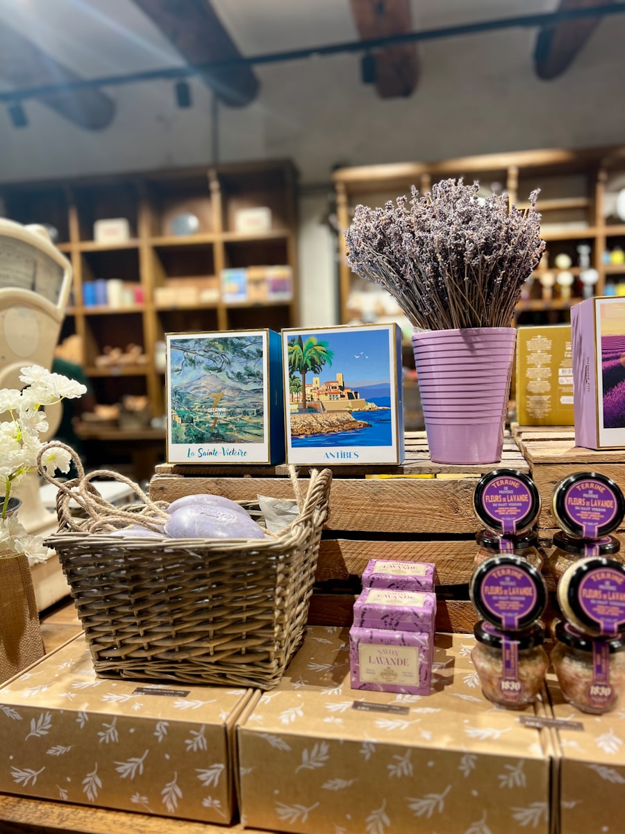Lavender products and decor displayed in a shop.